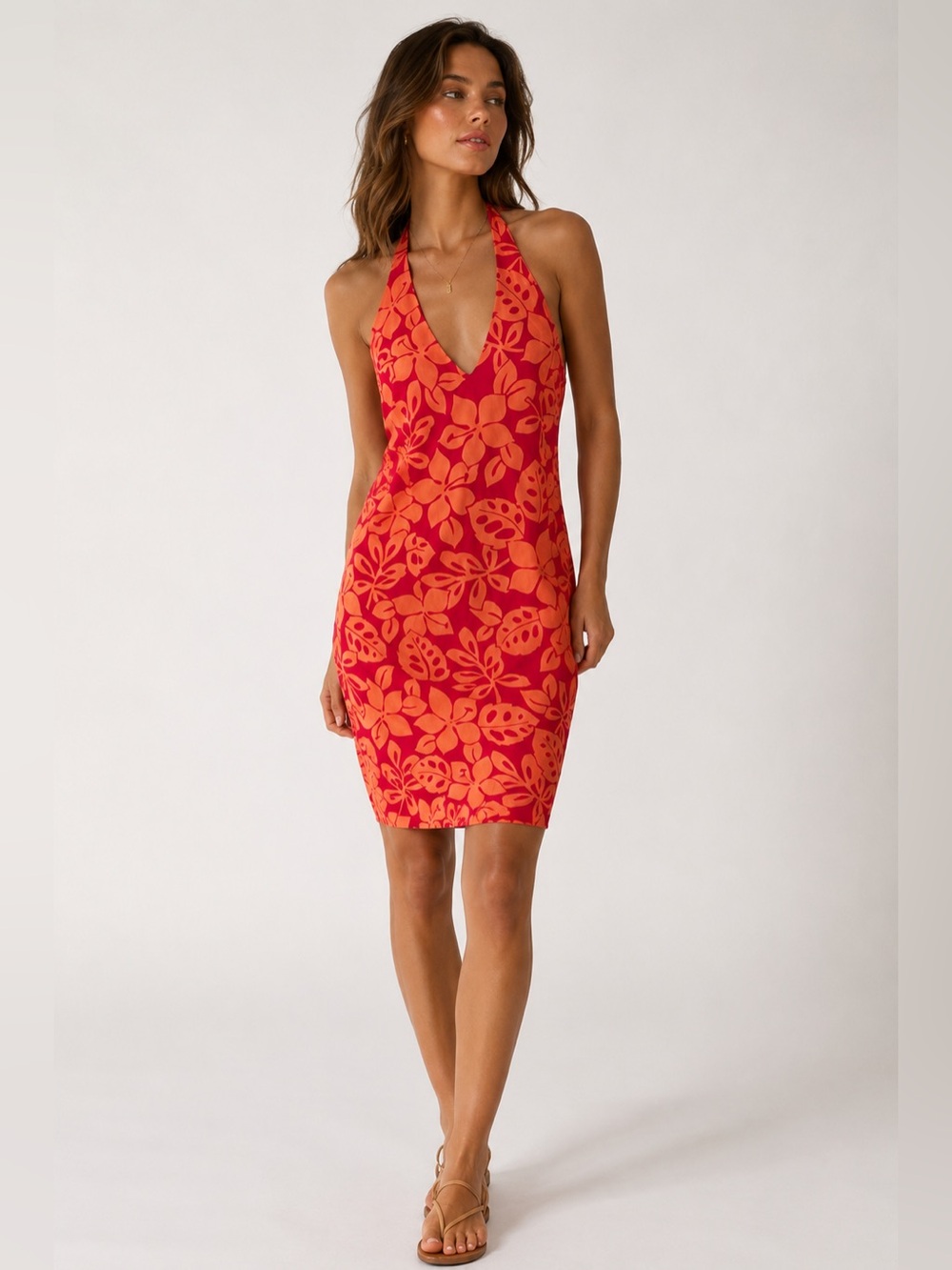 Amanda Smith Tropical Halter Dress Size 10 Y2K Pink Orange Mini